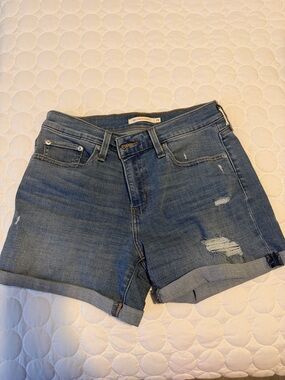 High-Rise Distressed Denim Shorts - Blue
